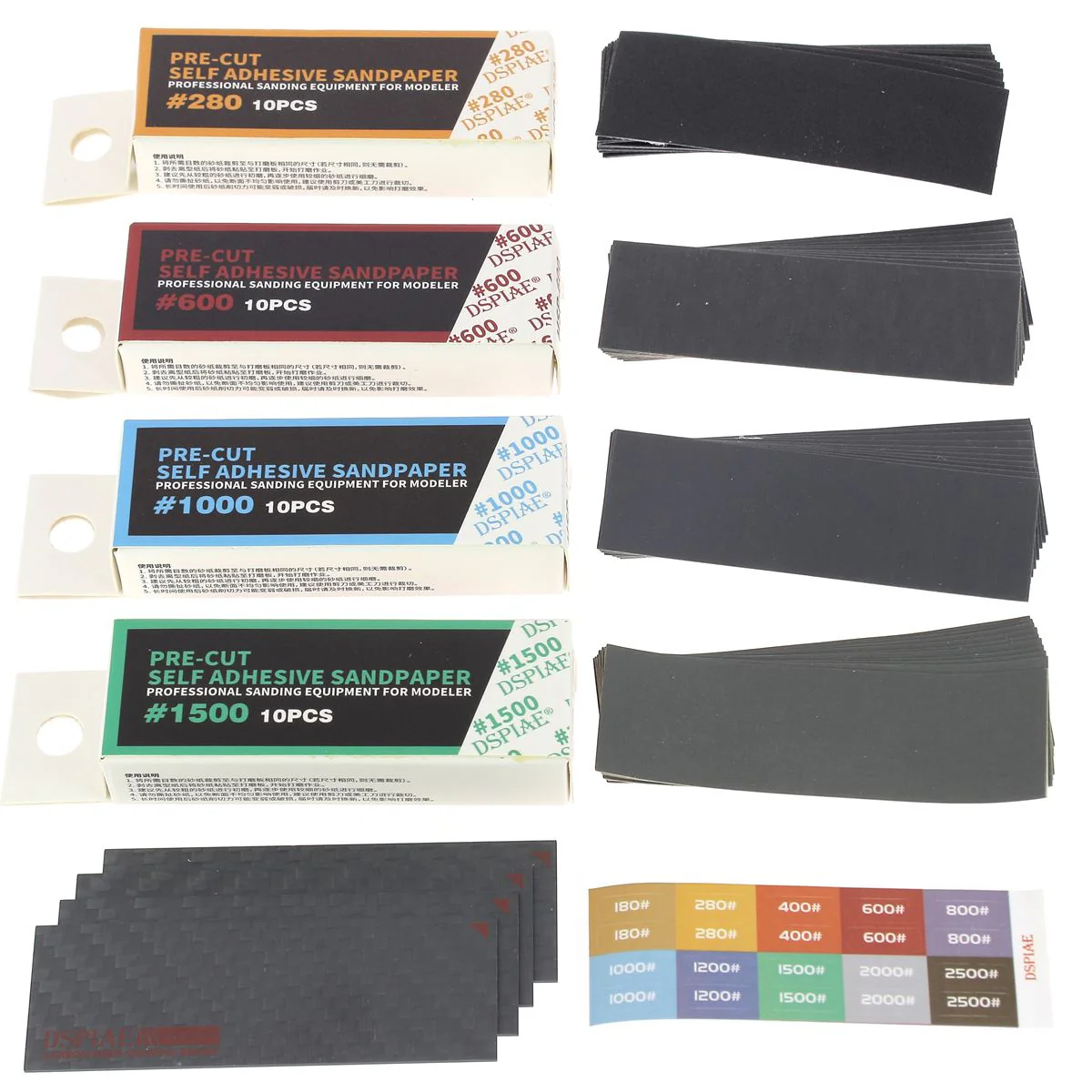 4 cales à poncer en carbone + 40 papiers de verre 25x75mm - Grains 280, 600, 1000, 1500