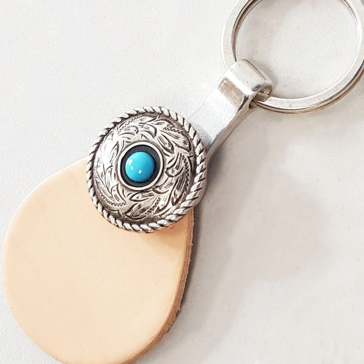 Concho à visser ROND motif feuilles avec turquoise - 25 mm - ARGENT VIEILLI - Image 2