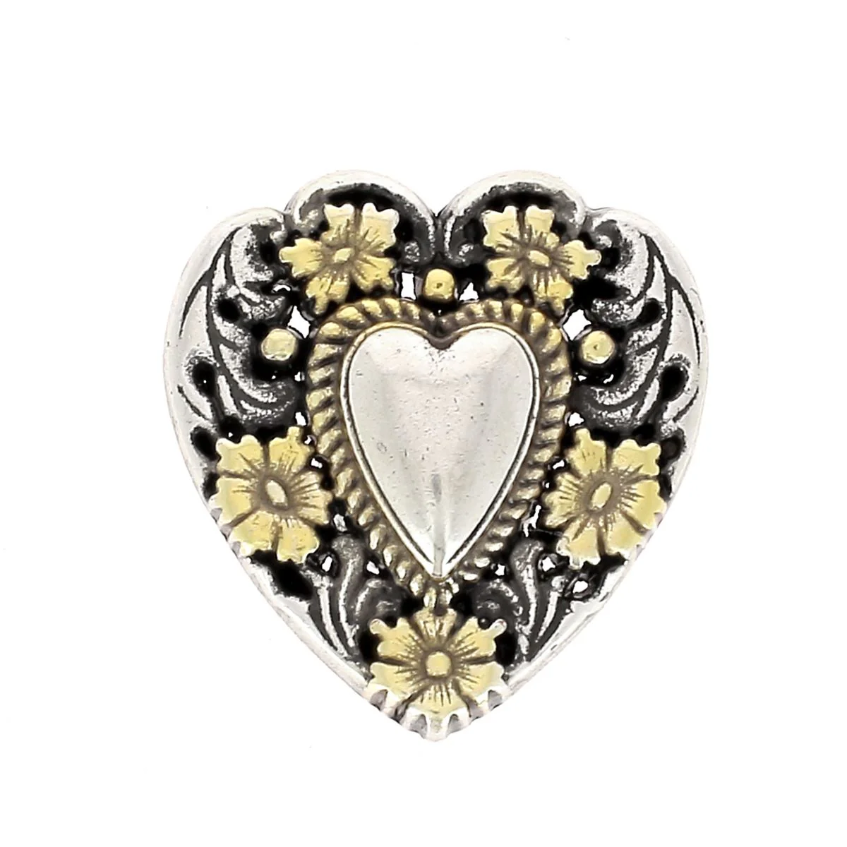 Concho à visser COEUR FLEUR - 25mm - ARGENT VIEILLI & LAITON VIELLI
