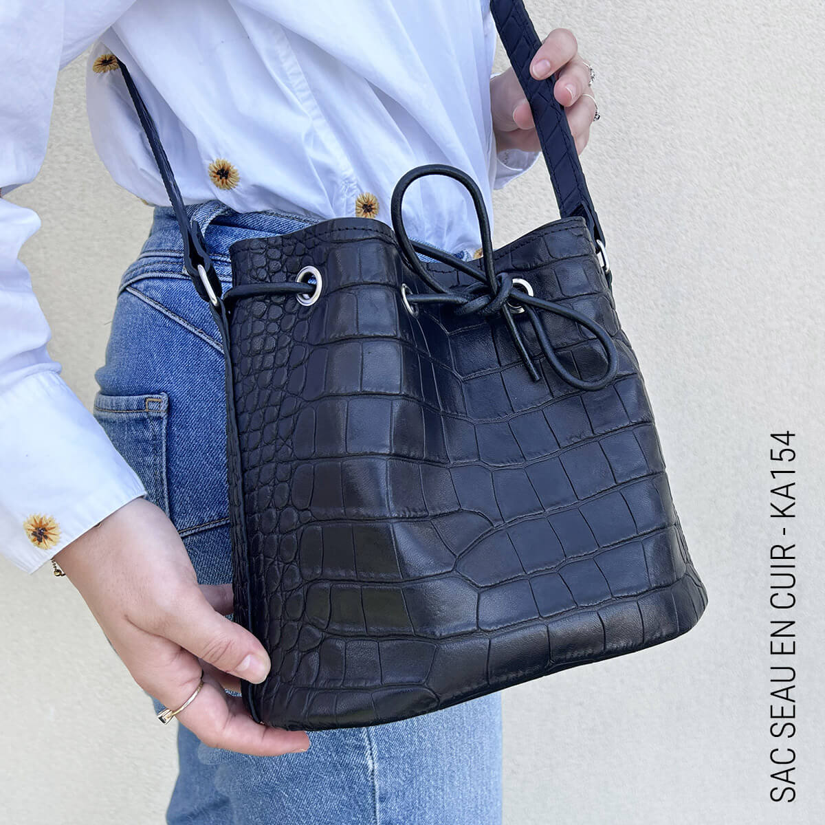 Peau entière de cuir de basane FRANCE imitation Crocodile - ANILINE - NOIR BAF18 - Image 2