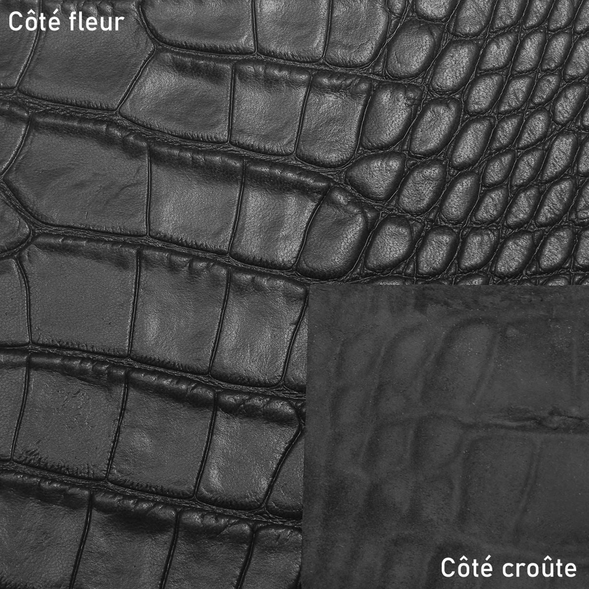 Peau entière de cuir de basane FRANCE imitation Crocodile - ANILINE - NOIR BAF18 - Image 4