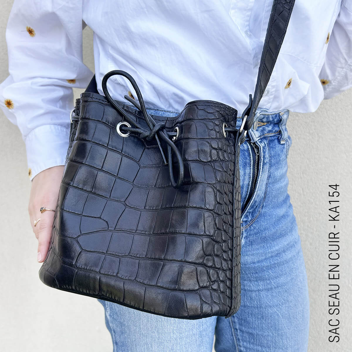 Peau entière de cuir de basane FRANCE imitation Crocodile - ANILINE - NOIR BAF18 - Image 6